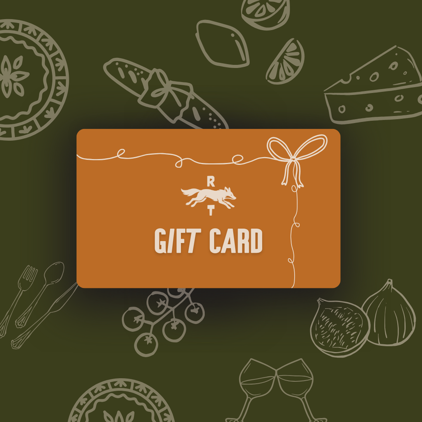 Gift card with a brand logo on an orange background with white line art illustrations.
